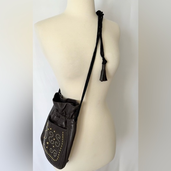 Yves Saint Laurent Vintage Brown Leather Studded Fringe Black Tie Handbag - Picture 11 of 15